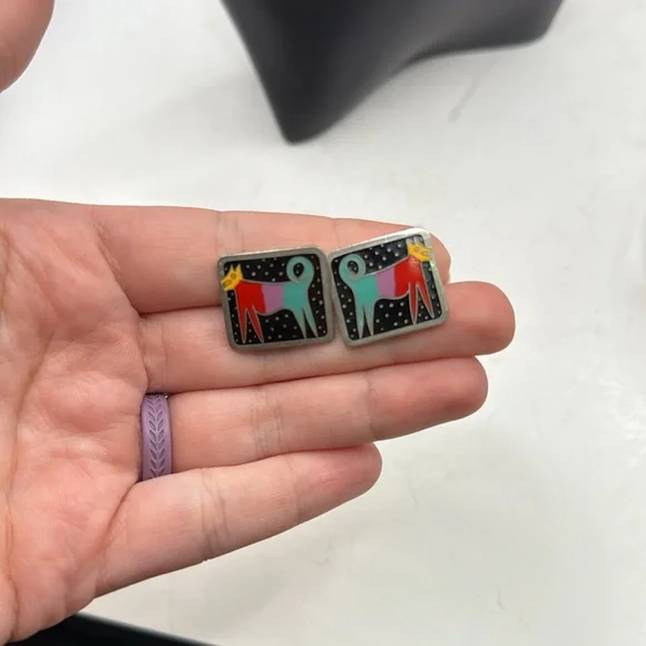 Laurel Burch Night Dog Aztec Square Stud Earrings Jewelry Collectible Cloisonne - Picture 4 of 7